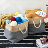 EZOWare Set of 3 Large Square Storage Bin Baskets, 33 x 33 x 33 cm Foldable Canvas Fabric Tweed Storage Cubes Set with Handles for Room Organizer - Gray and Beige