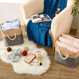 EZOWare Set of 3 Large Square Storage Bin Baskets, 33 x 33 x 33 cm Foldable Canvas Fabric Tweed Storage Cubes Set with Handles for Room Organizer - Gray and Beige