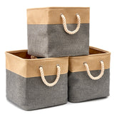 EZOWare Set of 3 Large Square Storage Bin Baskets, 33 x 33 x 33 cm Foldable Canvas Fabric Tweed Storage Cubes Set with Handles for Room Organizer - Gray and Beige