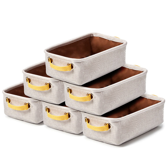 EZOWare Small Collapsible Storage Bins Baskets, Pack of 6 Foldable Canvas Fabric Tweed Organizer Set with Handles for Home and Office - 12 x 7 x 4 inch (Light Gray)