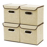 Storage Boxes, [4-Pack] EZOWare Linen Fabric Foldable Storage Cubes Bin Box Containers Drawers with Lid - Beige For Office Nursery Bedroom Shelf