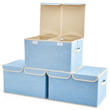 Large Storage Boxes [3-Pack] EZOWare Large Linen Fabric Foldable Storage Cubes Bin Box Containers with Lid and Handles For Home, Office, Closet, Bedroom, Living Room (Blue)