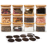 EZOWare 2.4 oz Glass Jar Bottle Set, 12 Pc Square Extra Small Air Tight Canister Storage Containers with Natural Bamboo Lids and Chalkboard Labels for Kitchen Spices, Bathroom, Home Decor, Party Favors