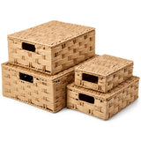 EZOWare Set of 4 Paper Rope Lidded Woven Storage Baskets, Stackable Decorative Organizer Container Bin Box with Handles/Lid - 4 Sizes, Natural Beige