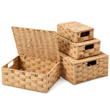 EZOWare Set of 4 Paper Rope Lidded Woven Storage Baskets, Stackable Decorative Organizer Container Bin Box with Handles/Lid - 4 Sizes, Natural Beige