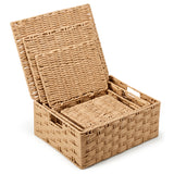 EZOWare Set of 4 Paper Rope Lidded Woven Storage Baskets, Stackable Decorative Organizer Container Bin Box with Handles/Lid - 4 Sizes, Natural Beige