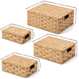 EZOWare Set of 4 Paper Rope Lidded Woven Storage Baskets, Stackable Decorative Organizer Container Bin Box with Handles/Lid - 4 Sizes, Natural Beige