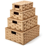 EZOWare Set of 4 Paper Rope Lidded Woven Storage Baskets, Stackable Decorative Organizer Container Bin Box with Handles/Lid - 4 Sizes, Natural Beige