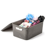 EZOWare Set of 2 Large Plastic Knitted Woven Storage Basket With Lid, Stackable Organizer Lidded Bin Box for Home, Closet, and More - 39 x 27 x 17 cm/Gray
