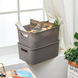 EZOWare Set of 2 Large Plastic Knitted Woven Storage Basket With Lid, Stackable Organizer Lidded Bin Box for Home, Closet, and More - 39 x 27 x 17 cm/Gray
