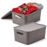 EZOWare Set of 2 Large Plastic Knitted Woven Storage Basket With Lid, Stackable Organizer Lidded Bin Box for Home, Closet, and More - 39 x 27 x 17 cm/Gray