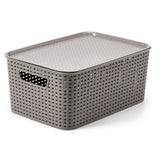 EZOWare Set of 2 Large Plastic Knitted Woven Storage Basket With Lid, Stackable Organizer Lidded Bin Box for Home, Closet, and More - 39 x 27 x 17 cm/Gray