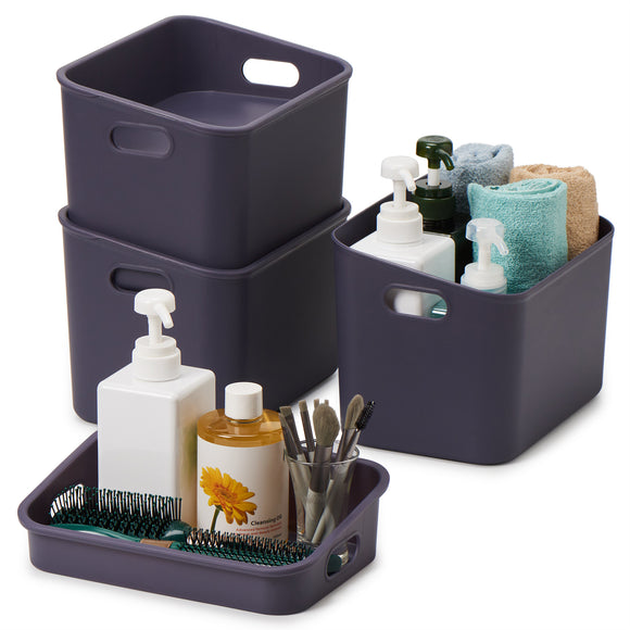 EZOWare Small Storage Basket Bin with Tray Lid & Handles, Set of 3 Plastic Box Tote Organizer Container for Nursery, Bathroom, Pantry and More (9.6x6.6x6.7 inch, Grey)