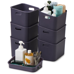 EZOWare 7 Quart Storage Basket with Tray Lid & Handles, Set of 6 Lidded Plastic Box Tote Organizer Container for Nursery, Bathroom, Kitchen, School and More (9.6x6.6x6.7 inch, Grey)