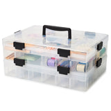 EZOWare 2 Tier Multi Compartments Storage Box with Handle, Stackable Adjustable Divider Transparent Container Bin Organizer Box for Storing Brick Toys, Jewelry, Beads, Arts & Craft Supplies