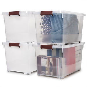 EZOWare 55 Quart Plastic Storage Box Tote Bins with Latching Lid, Set of 4 Clear Stackable Storage Organizer Container with Handles and Wheels - 22.4x15x12.6 inch