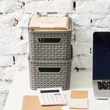 EZOWare Set of 6 Plastic Knitted Woven Lidded Bin Box with Handle, Stackable Organiser Storage Basket with Lid for Nursery, Closet, Kitchen and More - (28 x 18.5 x 13 cm, Gray)