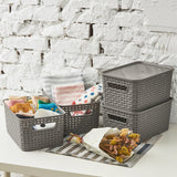 EZOWare Set of 6 Plastic Knitted Woven Lidded Bin Box with Handle, Stackable Organiser Storage Basket with Lid for Nursery, Closet, Kitchen and More - (28 x 18.5 x 13 cm, Gray)