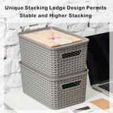 EZOWare Set of 6 Plastic Knitted Woven Lidded Bin Box with Handle, Stackable Organiser Storage Basket with Lid for Nursery, Closet, Kitchen and More - (28 x 18.5 x 13 cm, Gray)
