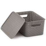 EZOWare Set of 6 Plastic Knitted Woven Lidded Bin Box with Handle, Stackable Organiser Storage Basket with Lid for Nursery, Closet, Kitchen and More - (28 x 18.5 x 13 cm, Gray)