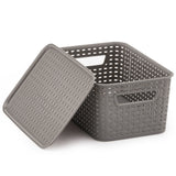 EZOWare Set of 6 Lidded Storage Totes Boxes, Plastic Stackable Weaving Wicker Basket Containers set with Lid and Handle For Kids Classroom, Baby Nursery Toys and More - Gray, 11x7.3x5.1 inch