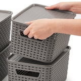 EZOWare Set of 6 Plastic Knitted Woven Lidded Bin Box with Handle, Stackable Organiser Storage Basket with Lid for Nursery, Closet, Kitchen and More - (28 x 18.5 x 13 cm, Gray)