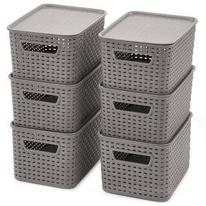 EZOWare Set of 6 Plastic Knitted Woven Lidded Bin Box with Handle, Stackable Organiser Storage Basket with Lid for Nursery, Closet, Kitchen and More - (28 x 18.5 x 13 cm, Gray)