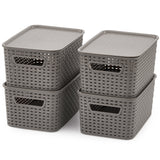EZOWare Set of 6 Plastic Knitted Woven Lidded Bin Box with Handle, Stackable Organiser Storage Basket with Lid for Nursery, Closet, Kitchen and More - (28 x 18.5 x 13 cm, Gray)