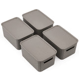 EZOWare Set of 6 Plastic Knitted Woven Lidded Bin Box with Handle, Stackable Organiser Storage Basket with Lid for Nursery, Closet, Kitchen and More - (28 x 18.5 x 13 cm, Gray)