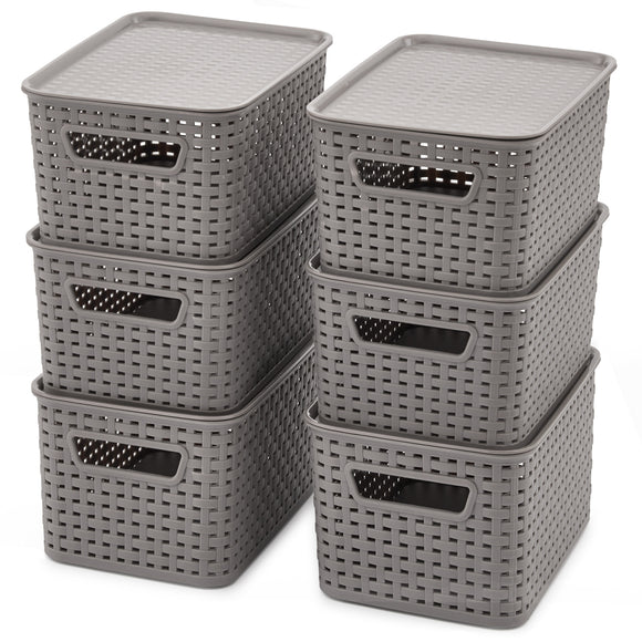 EZOWare Set of 6 Plastic Knitted Woven Lidded Bin Box with Handle, Stackable Organiser Storage Basket with Lid for Nursery, Closet, Kitchen and More - (28 x 18.5 x 13 cm, Gray)