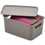 EZOWare Set of 6 Plastic Knitted Woven Lidded Bin Box with Handle, Stackable Organiser Storage Basket with Lid for Nursery, Closet, Kitchen and More - (28 x 18.5 x 13 cm, Gray)