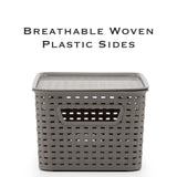EZOWare Set of 6 Plastic Knitted Woven Lidded Bin Box with Handle, Stackable Organiser Storage Basket with Lid for Nursery, Closet, Kitchen and More - (28 x 18.5 x 13 cm, Gray)