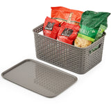 EZOWare Set of 6 Plastic Knitted Woven Lidded Bin Box with Handle, Stackable Organiser Storage Basket with Lid for Nursery, Closet, Kitchen and More - (28 x 18.5 x 13 cm, Gray)