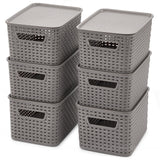 EZOWare Set of 6 Plastic Knitted Woven Lidded Bin Box with Handle, Stackable Organiser Storage Basket with Lid for Nursery, Closet, Kitchen and More - (28 x 18.5 x 13 cm, Gray)