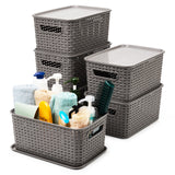 EZOWare Set of 6 Plastic Knitted Woven Lidded Bin Box with Handle, Stackable Organiser Storage Basket with Lid for Nursery, Closet, Kitchen and More - (28 x 18.5 x 13 cm, Gray)