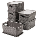 EZOWare Set of 6 Plastic Knitted Woven Lidded Bin Box with Handle, Stackable Organiser Storage Basket with Lid for Nursery, Closet, Kitchen and More - (28 x 18.5 x 13 cm, Gray)