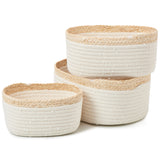 EZOWare Cotton Rope Storage Baskets, Set of 3 Soft Woven Decorative Rectangular Nesting Organizer Bins with Corn Skin Accent Ideal for Nursery, Shelves, Bathroom, Bedroom - 3 Sizes, Natural White