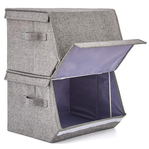 2 Pack Stackable Storage Bins with Lids and Handles, EZOWare Linen Fabric Foldable Storage Bin Box Containers for Home, Office, Nursery, Closet, Bedroom, Living Room (Medium)