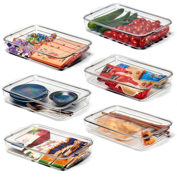EZOWare 6 Pack Stackable Clear Refrigerator Organiser Bins with Lid, Plastic Storage Box Container for Kitchen Cabinet, Pantry Organization, Fridge, Freezer - 33.5 x 21.5 x 5.5 cm